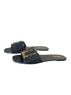 Miss Lola Bradley Black Suede Slide Sandals Tortoiseshell Pattern Buckle Size 8